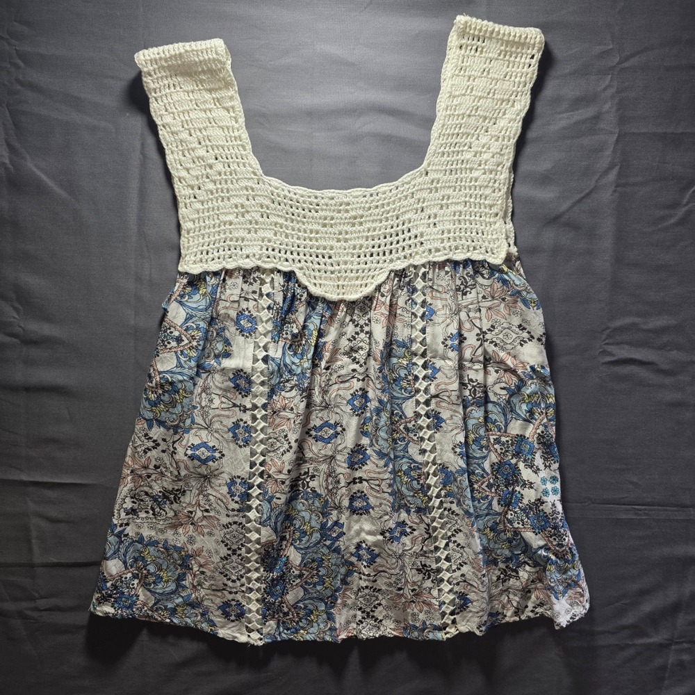 Lovestitch Womens Blue Paisley Crochet Yoke Sleeveless Boho Top Medium